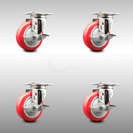 Service Caster 4 Inch 316SS Red Polyurethane Wheel Swivel Top Plate Caster Set with Brake SCC SCC-SS31620S414-PPUB-RED-TLB-4